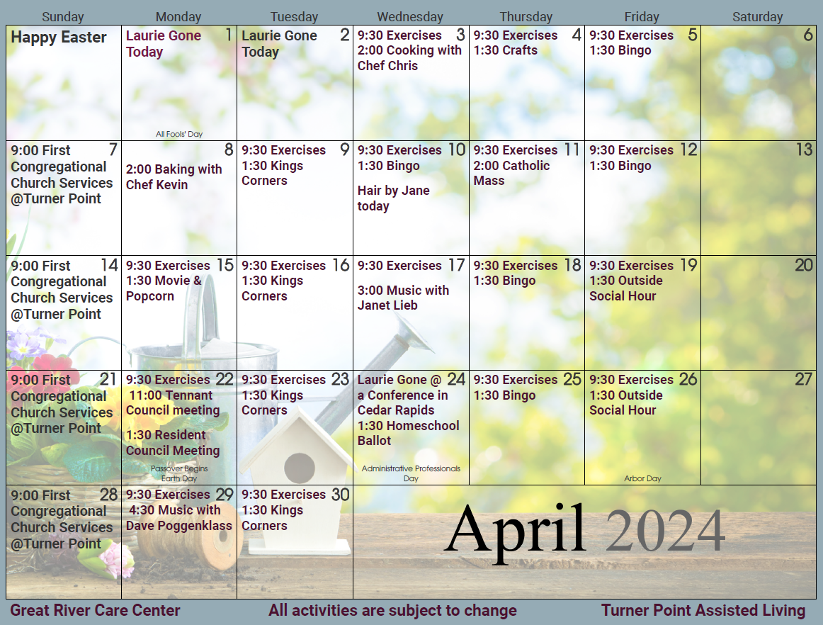 LongTerm Nursing Care Activity Calendar Great River Care Center